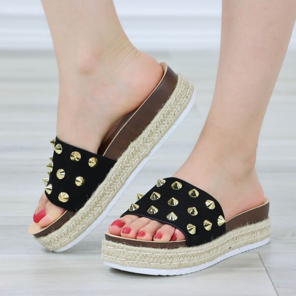 Black Platform Sandals Gold Studs Woven Midsole Chunky Sole Slip-On - Picture 10 of 11
